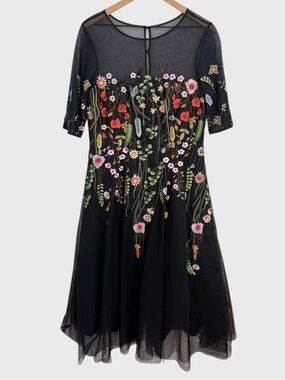 Rickie Freeman Teri Jon Black Multicolor Floral Embroidered Tulle A-line Dress